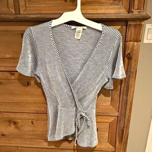 Caution To The Wind Navy and White Striped Wrap Blouse